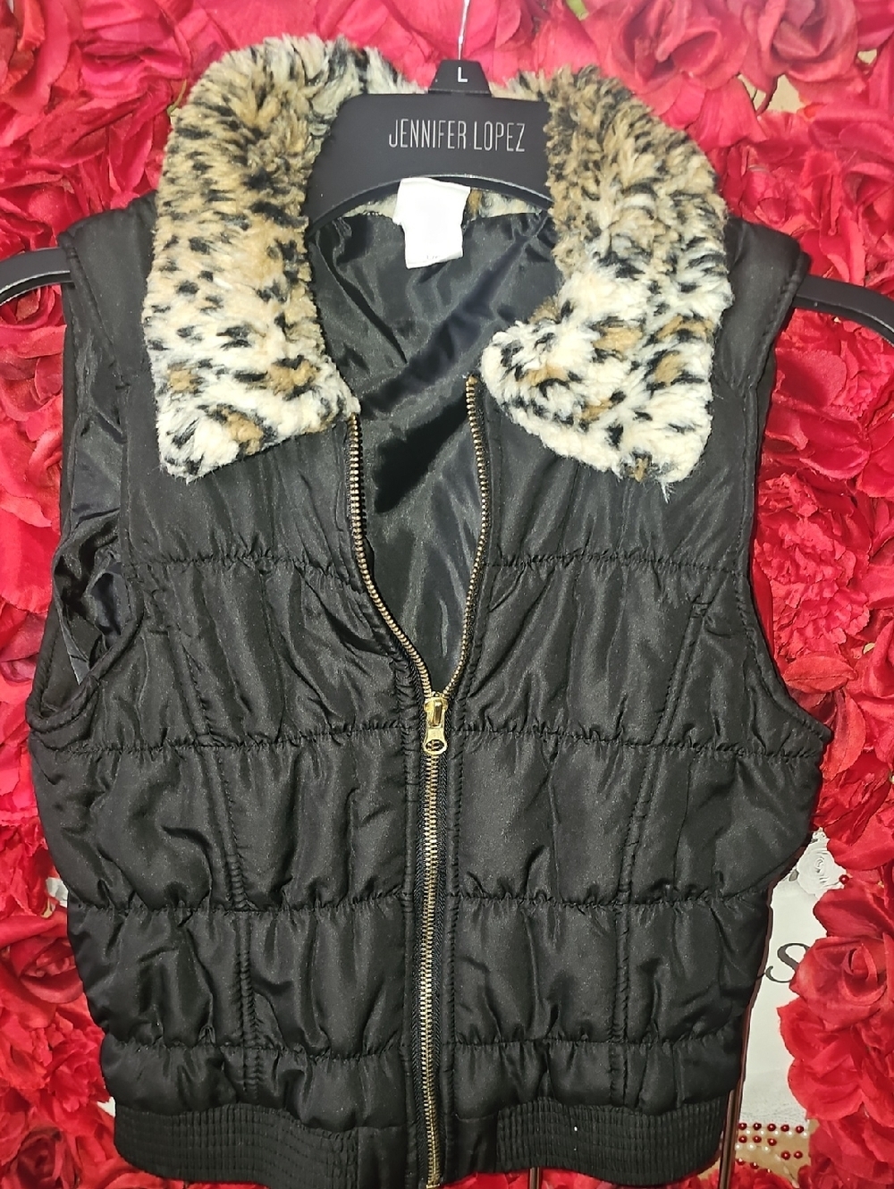 Circo Girls Black Puffer Vest with Leopard Faux Fur Collar Size Large